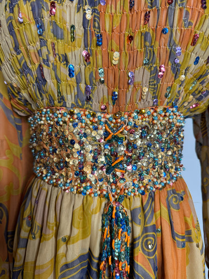 Colorful Chiffon Paisley Evening Gown w/ Beading Details 1960s