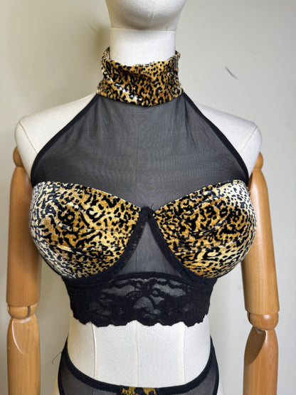Leopard Bra Top with Black Sheer & Lace & Panty 1980s