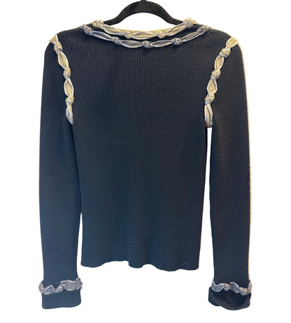 Chanel, Black Knit Wool Sweater w/ Beige Cable Details 2000s