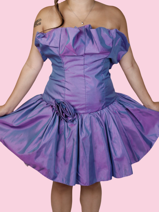 Purple Iridescent Strapless Party Pouf Dress 1980s