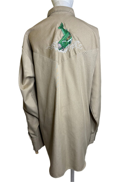 Sheplers, Bass Fish Western Beige Button Up 1970s
