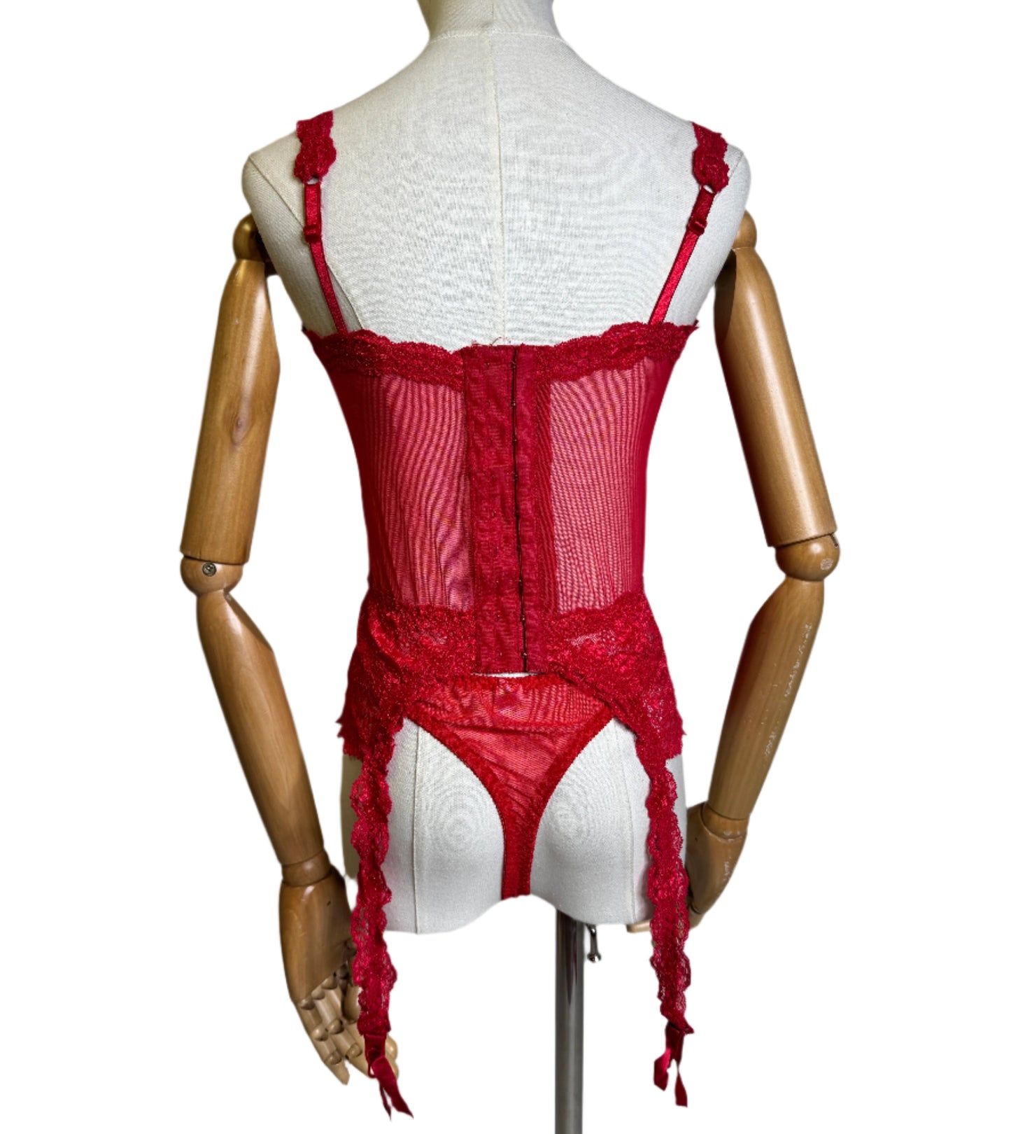 Christian Dior Red Sheer Lace Corset & Panty Set 1980s