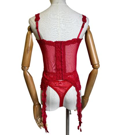 Christian Dior Red Sheer Lace Corset & Panty Set 1980s