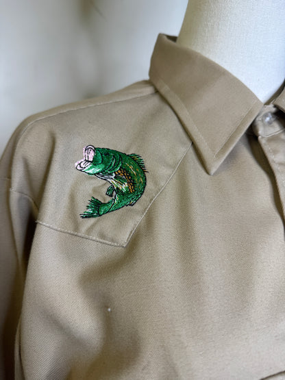 Sheplers, Bass Fish Western Beige Button Up 1970s