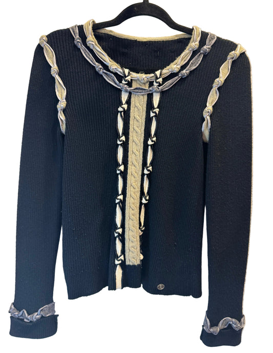 Chanel, Black Knit Wool Sweater w/ Beige Cable Details 2000s