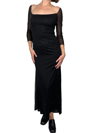 Black Beaded Mesh 3/4 Sleeve Maxi Dress 1990s