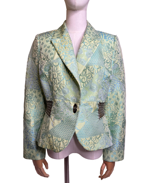 Terry Paris, 1990s Mint Green Brocade Patchwork & Silver Chain Mail Blazer