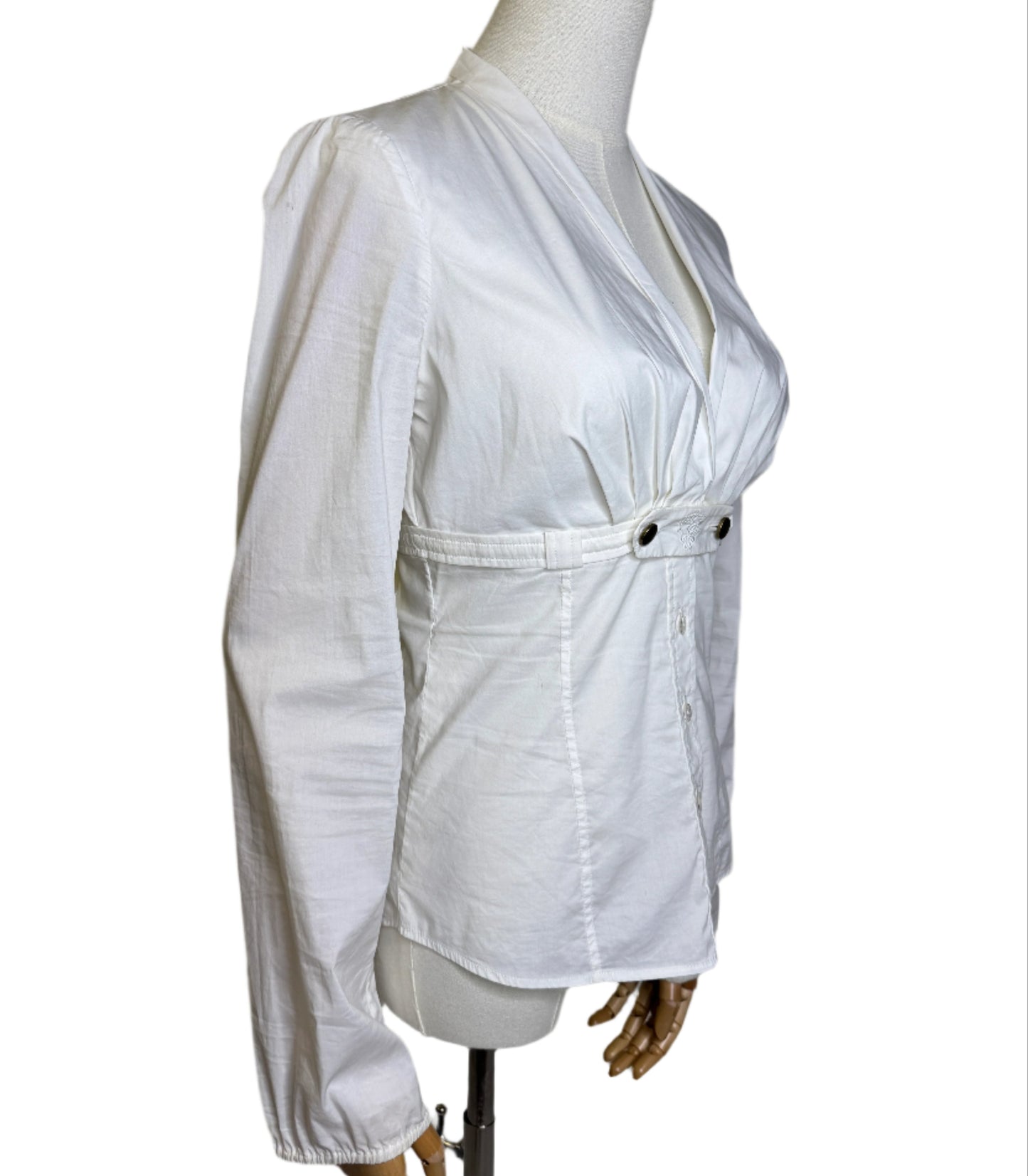 Gucci, White Cotton Blouse V-Neck, Buttoned Empire Waist 2000s