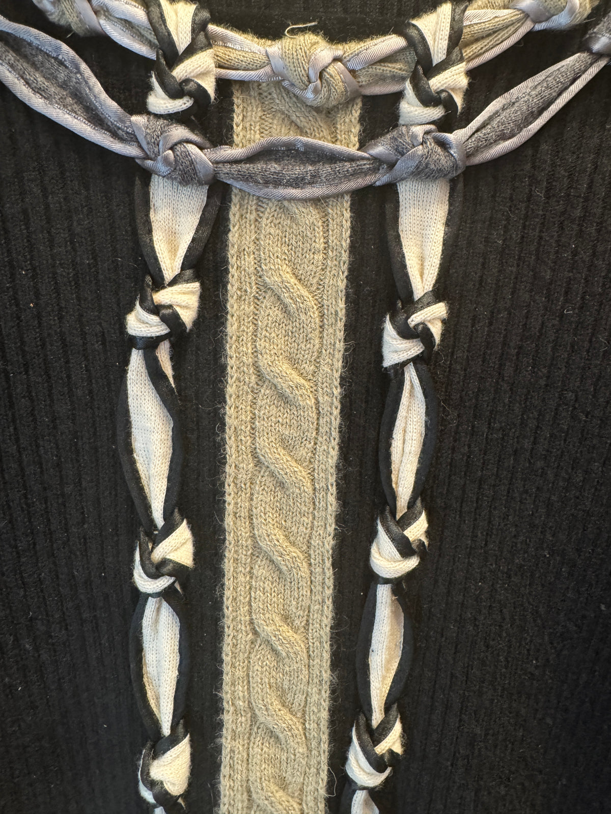 Chanel, Black Knit Wool Sweater w/ Beige Cable Details 2000s