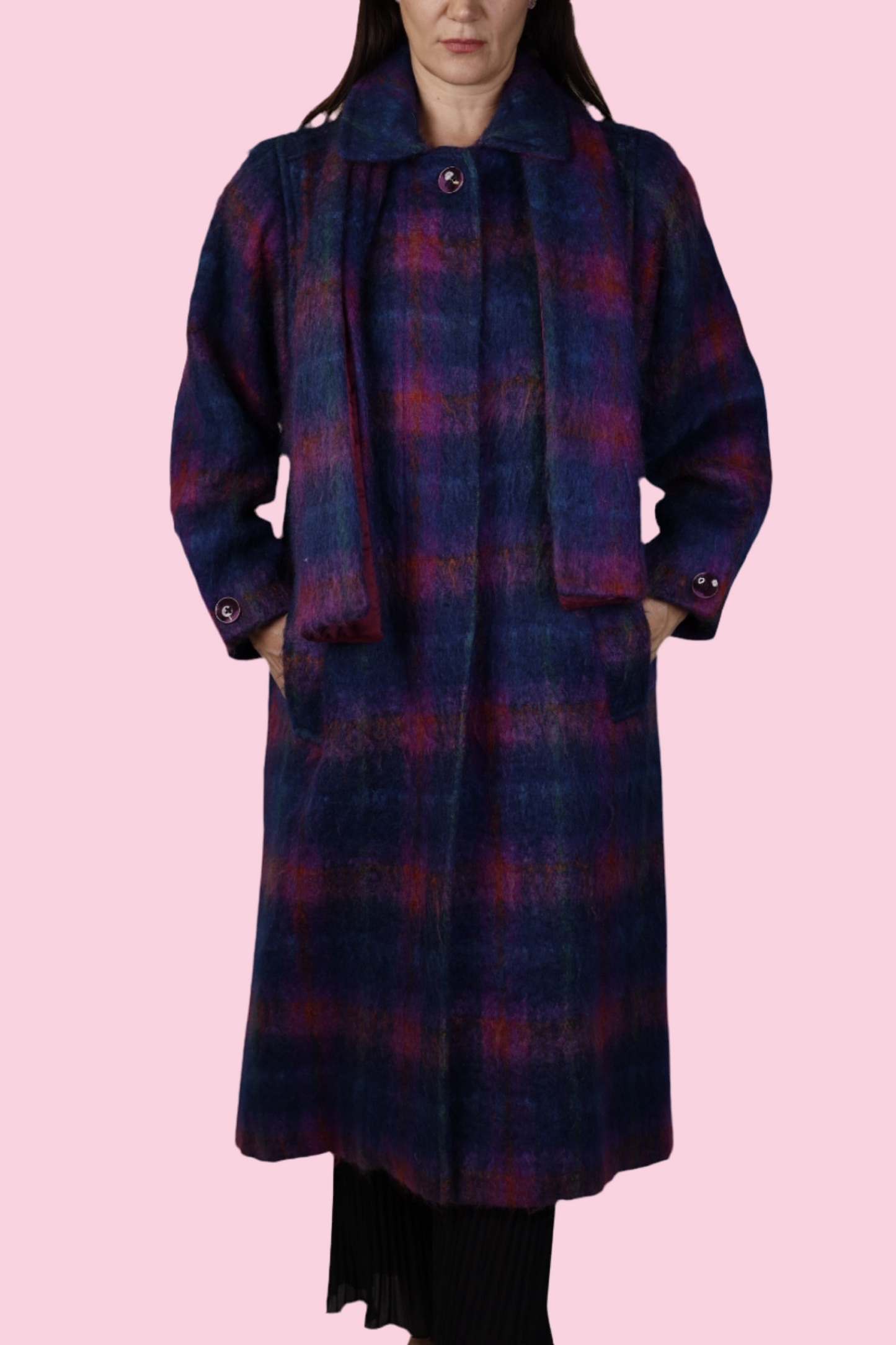 Wayne Stuart, Purple Plaid Merini Wool Mohair Coat with Scarf 1980s