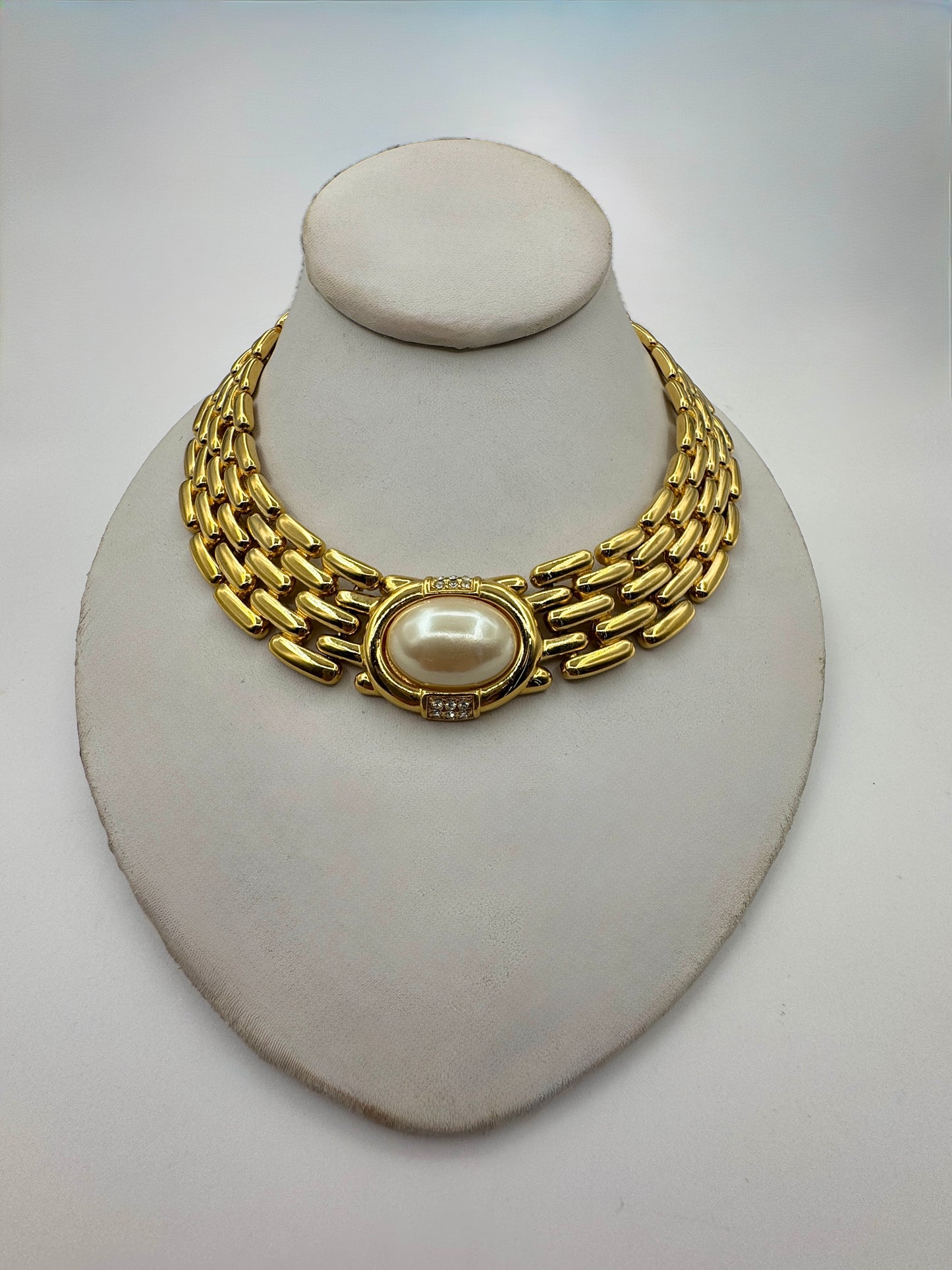 Givenchy, Gold Wide Link Statement Necklace w/ Rhinestones & Pearl 1980s