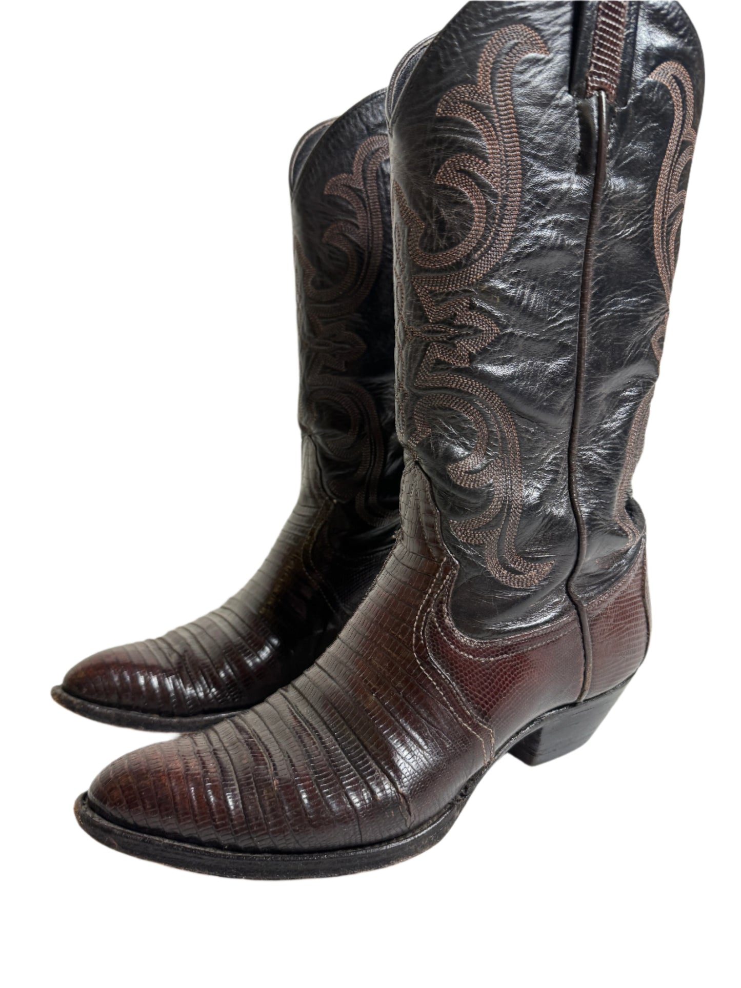 Lucchese Dark Brown Two Tone Lizard Cowboy Boots 1990s