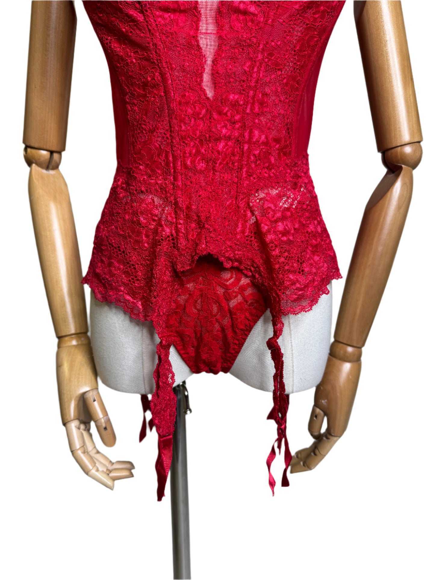 Christian Dior Red Sheer Lace Corset & Panty Set 1980s