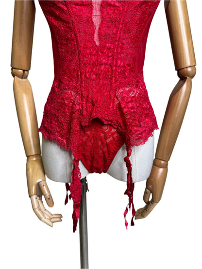 Christian Dior Red Sheer Lace Corset & Panty Set 1980s