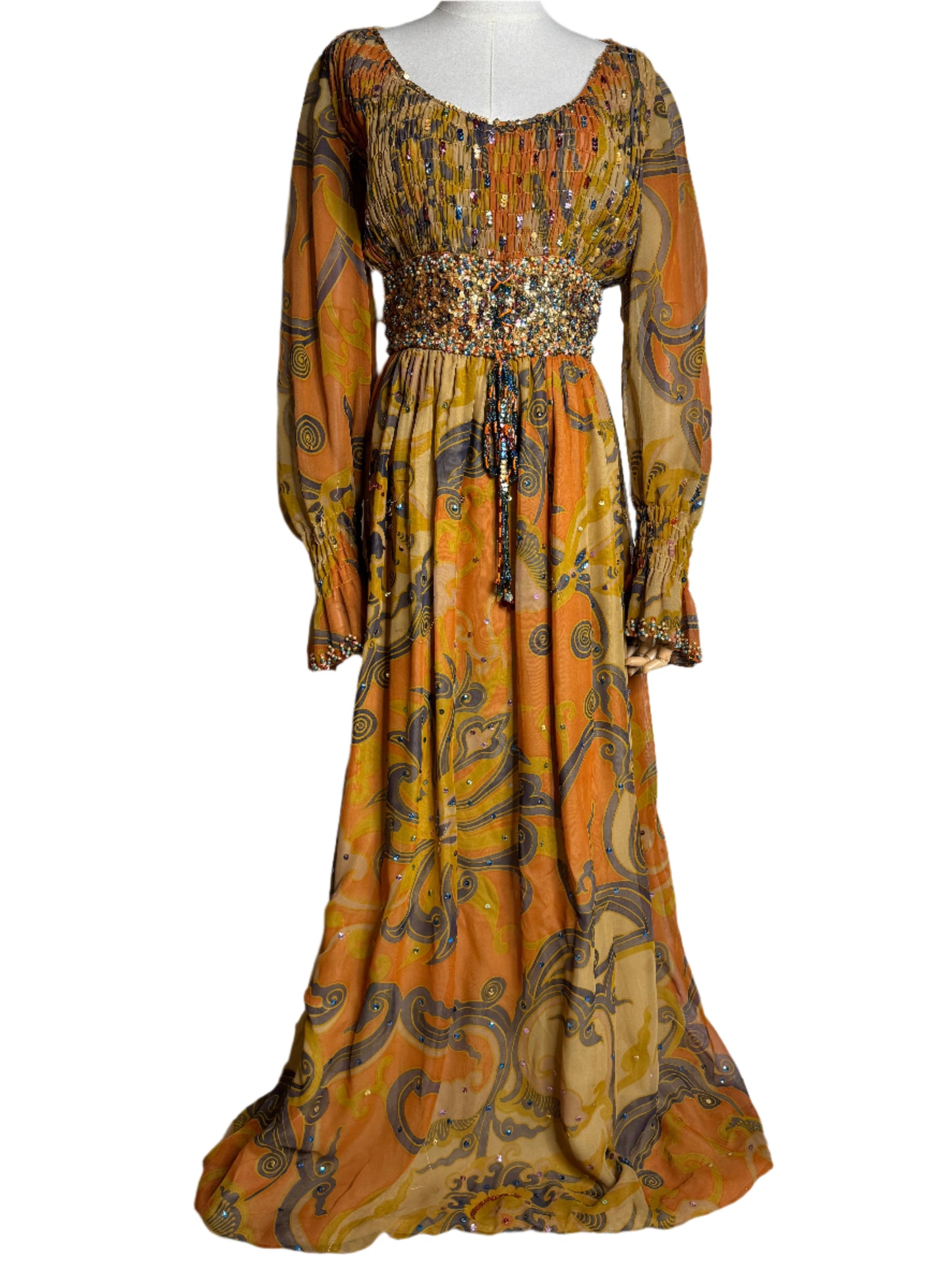 Colorful Chiffon Paisley Evening Gown w/ Beading Details 1960s