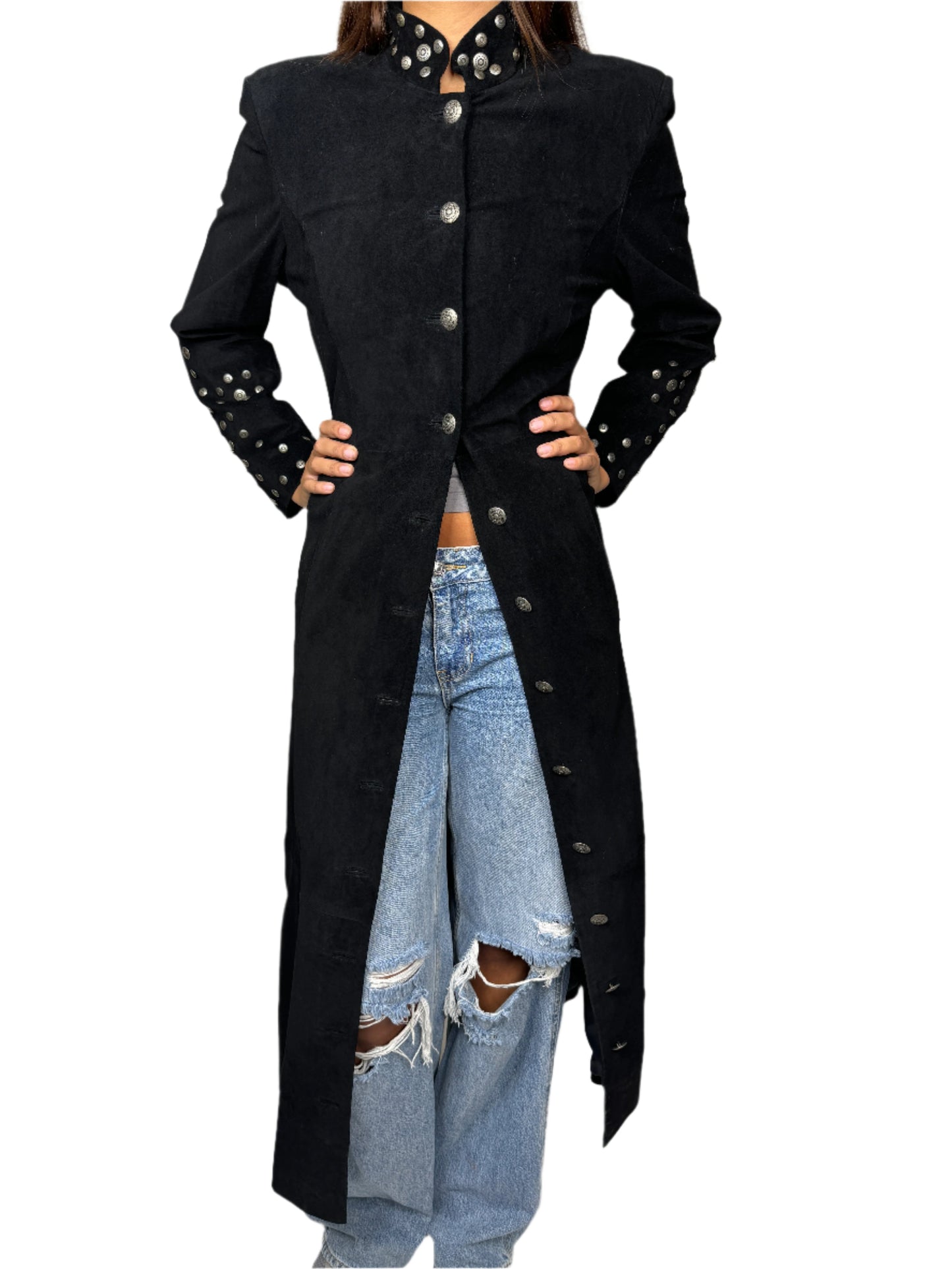 Black Suede Studded Duster Jacket 1980s