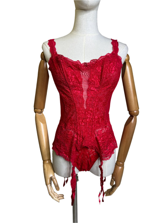 Christian Dior Red Sheer Lace Corset & Panty Set 1980s