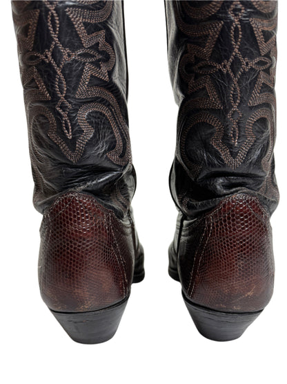 Lucchese Dark Brown Two Tone Lizard Cowboy Boots 1990s