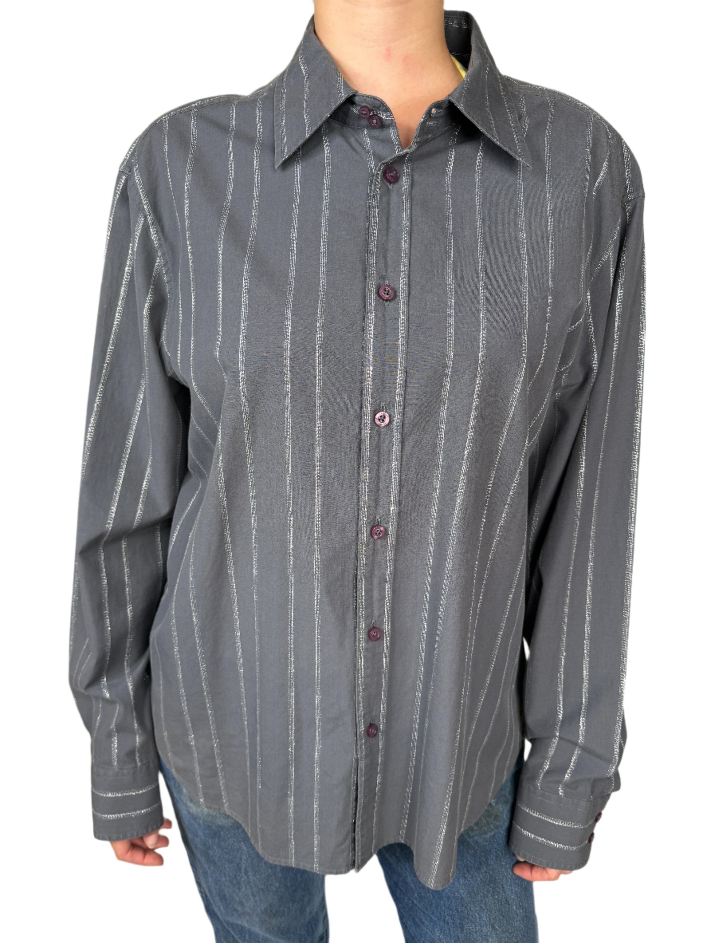 Armani Exchange, Gray Metallic Button-Up Shirt 1990s