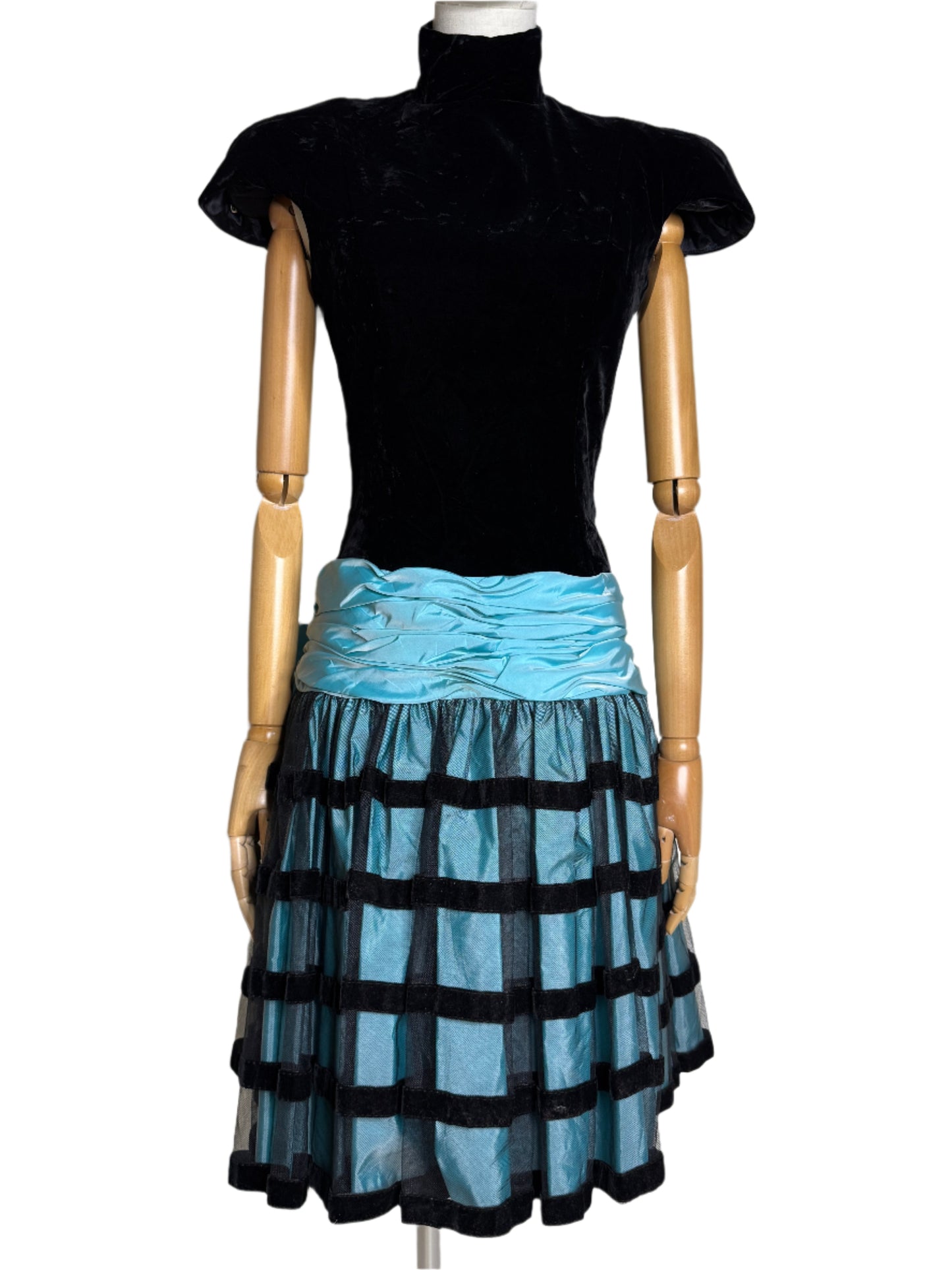 Victor Costa, Black & Blue Dropwaist Dress 1980s