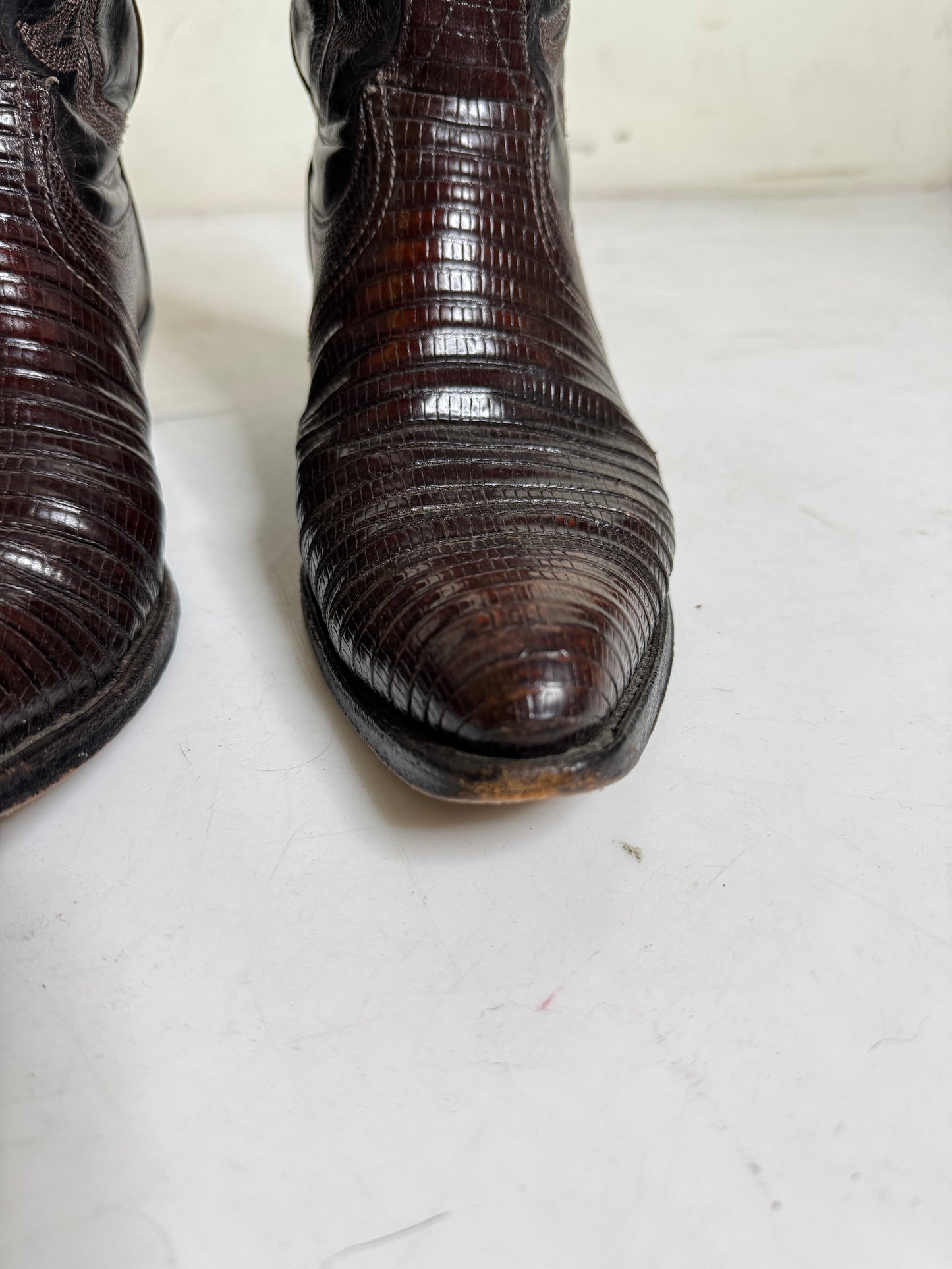 Lucchese Dark Brown Two Tone Lizard Cowboy Boots 1990s