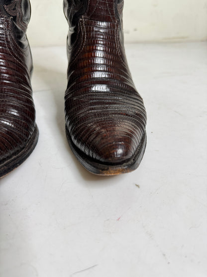 Lucchese Dark Brown Two Tone Lizard Cowboy Boots 1990s