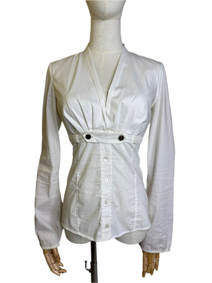 Gucci, White Cotton Blouse V-Neck, Buttoned Empire Waist 2000s