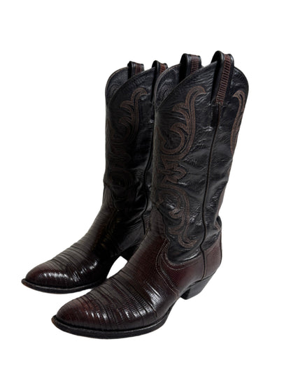 Lucchese Dark Brown Two Tone Lizard Cowboy Boots 1990s