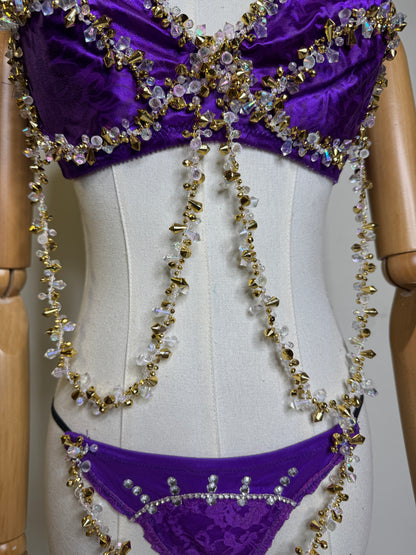 Purple Satin & Gold Beaded Panty Set