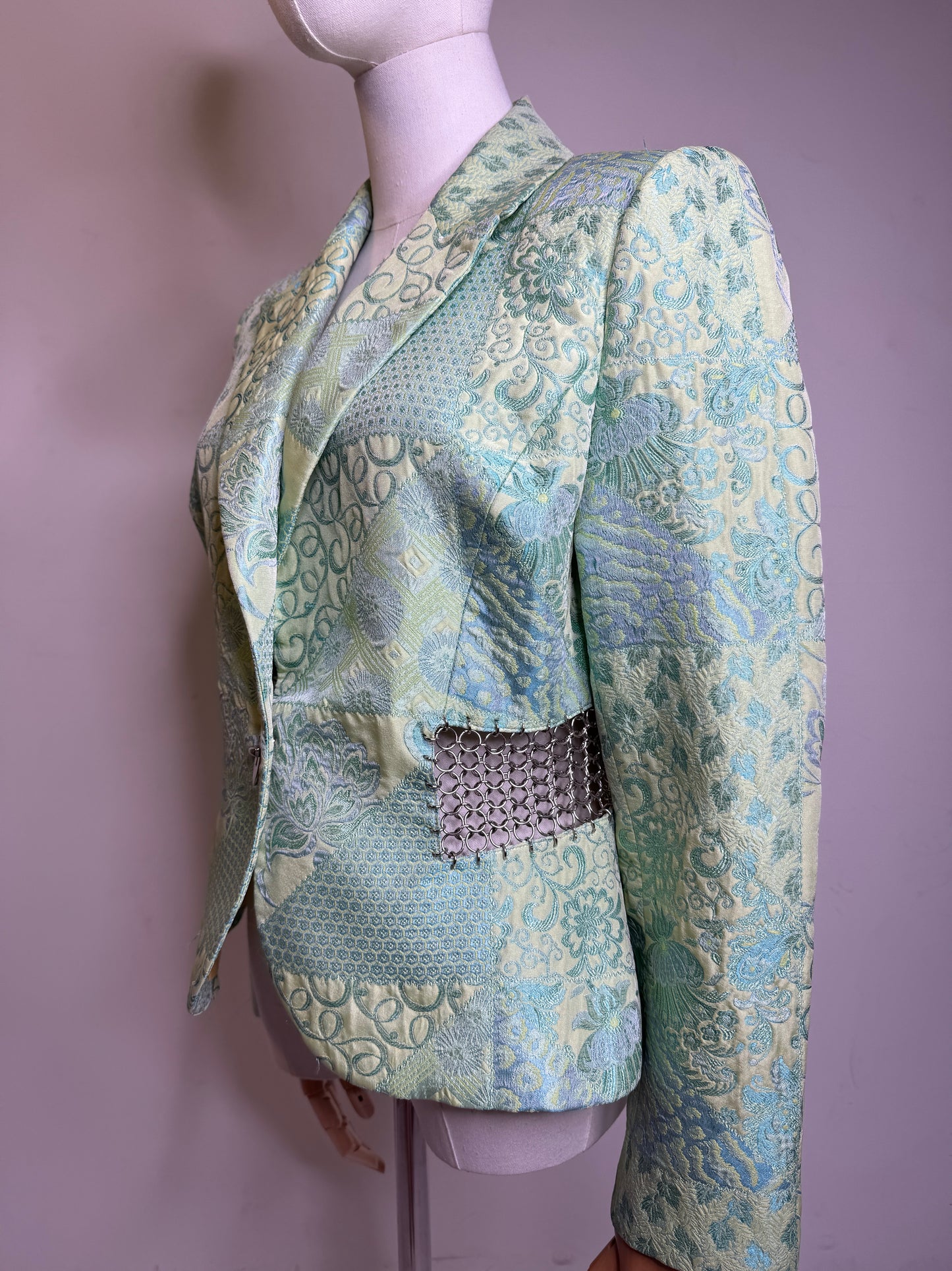 Terry Paris, 1990s Mint Green Brocade Patchwork & Silver Chain Mail Blazer