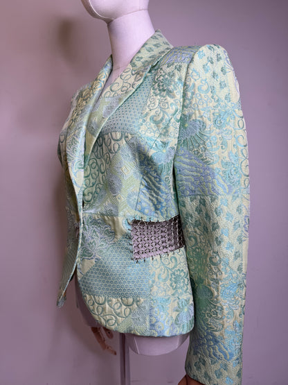 Terry Paris, 1990s Mint Green Brocade Patchwork & Silver Chain Mail Blazer