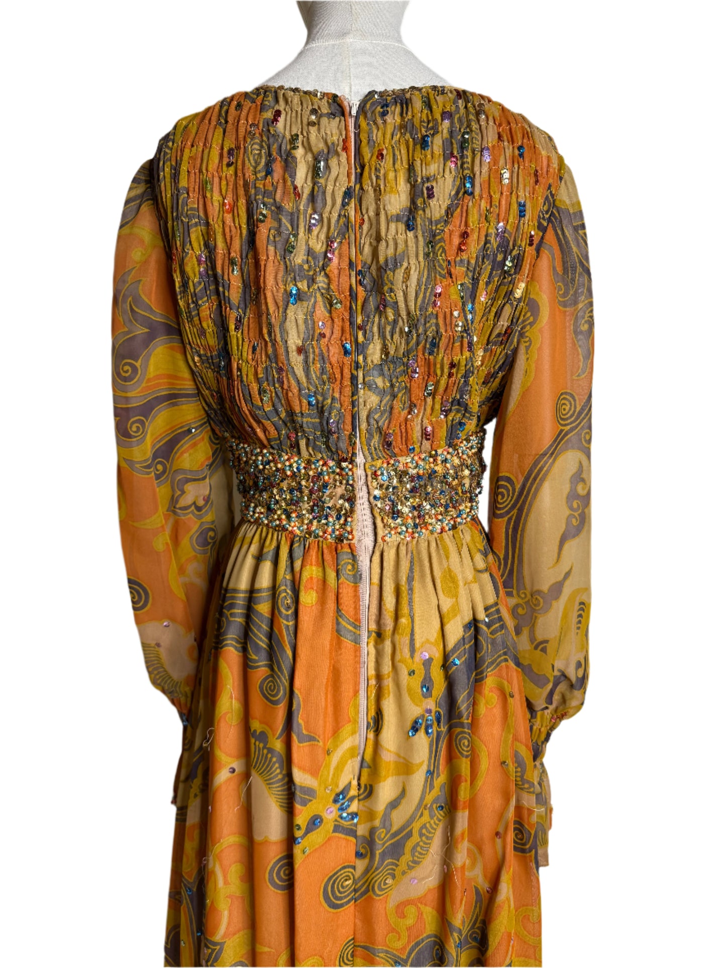 Colorful Chiffon Paisley Evening Gown w/ Beading Details 1960s