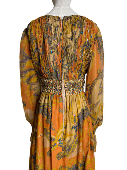 Colorful Chiffon Paisley Evening Gown w/ Beading Details 1960s