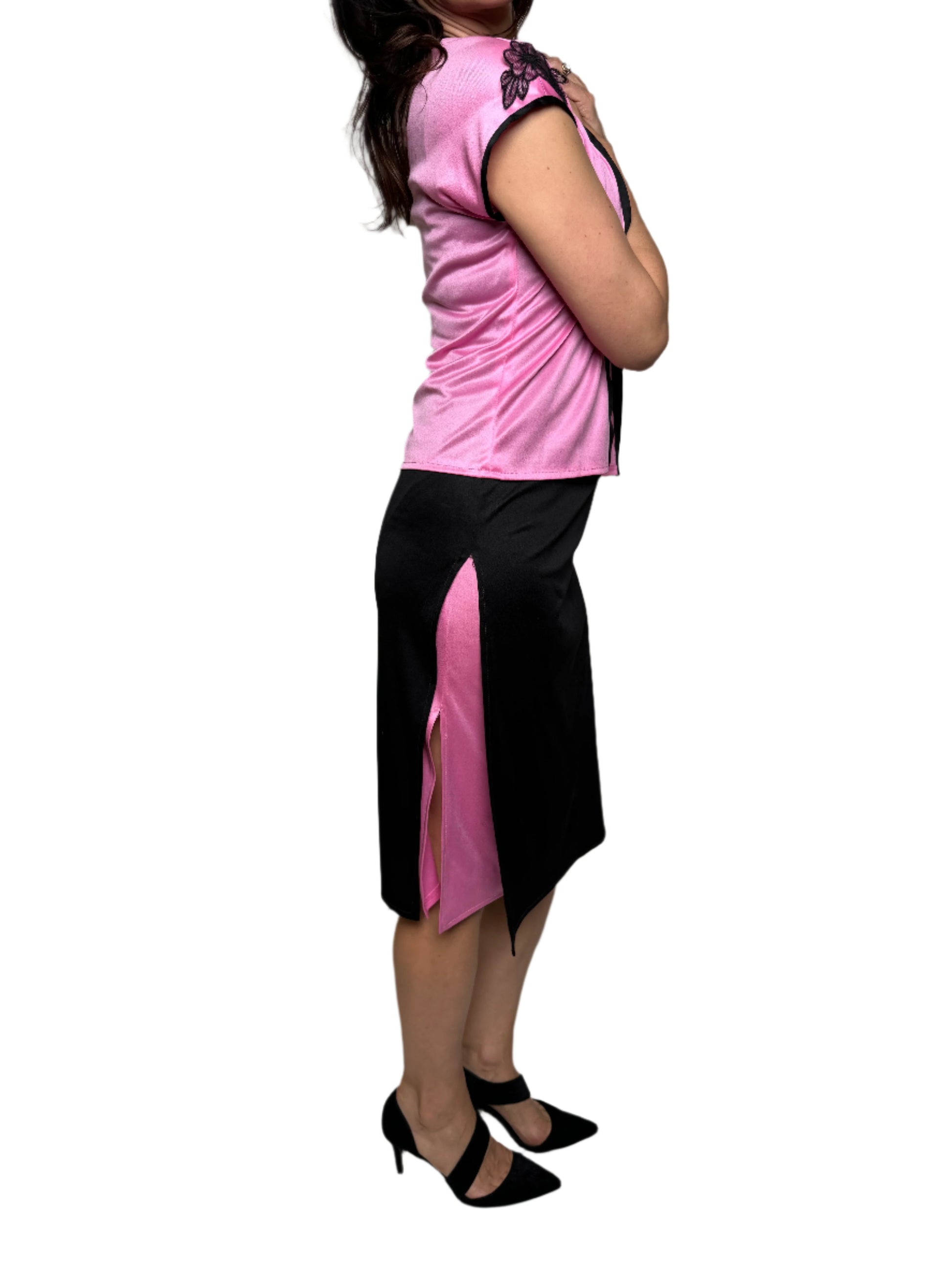 pink top black bottom dress Black Sequin Sleeveless Top Hot Pink Ball Gown Prom Dress