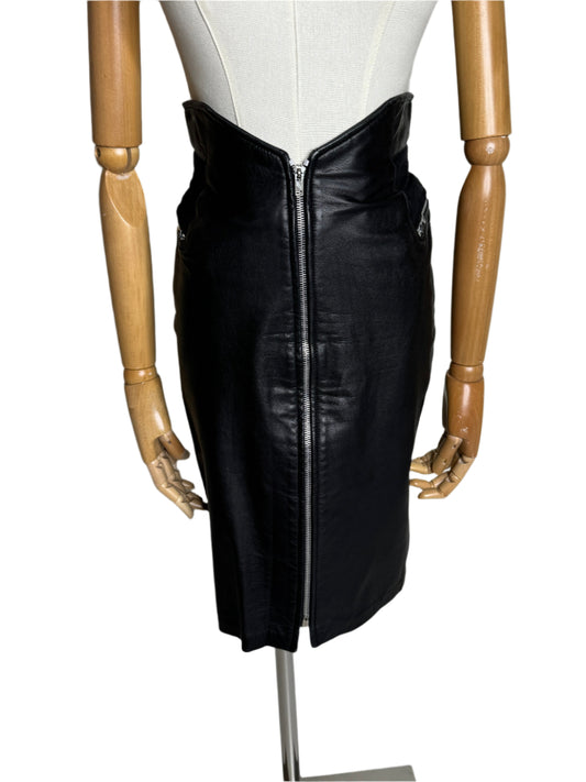 DD Black Leather Pencil Skirt w/ Exterior Zipper 1980s
