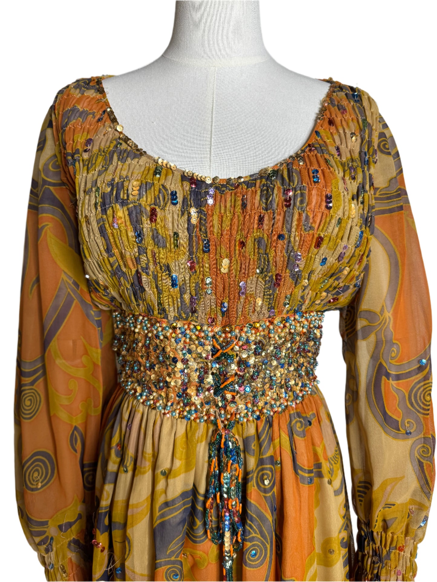 Colorful Chiffon Paisley Evening Gown w/ Beading Details 1960s