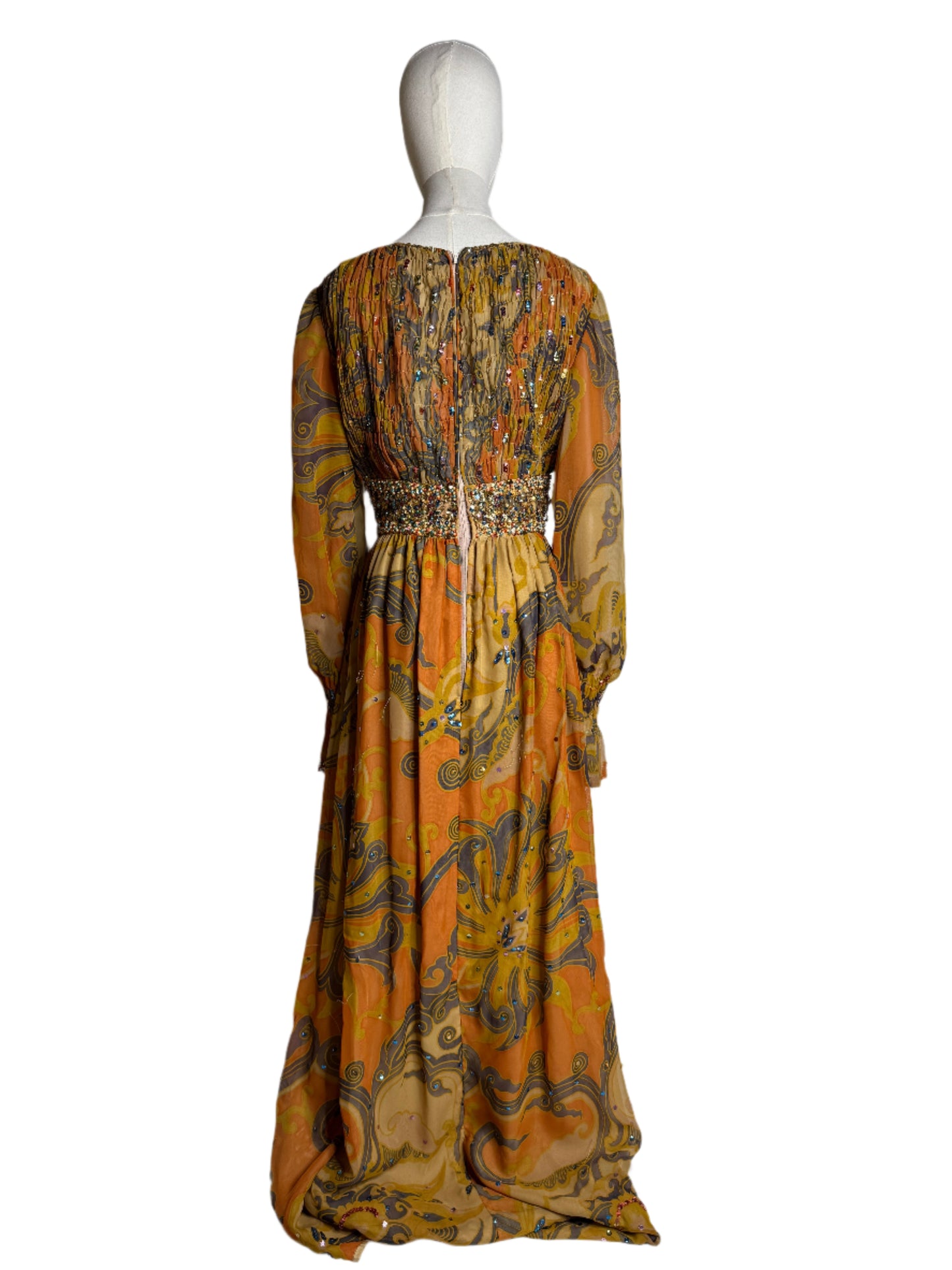 Colorful Chiffon Paisley Evening Gown w/ Beading Details 1960s