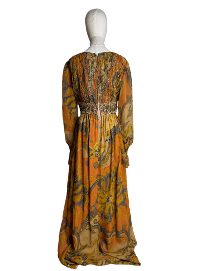 Colorful Chiffon Paisley Evening Gown w/ Beading Details 1960s