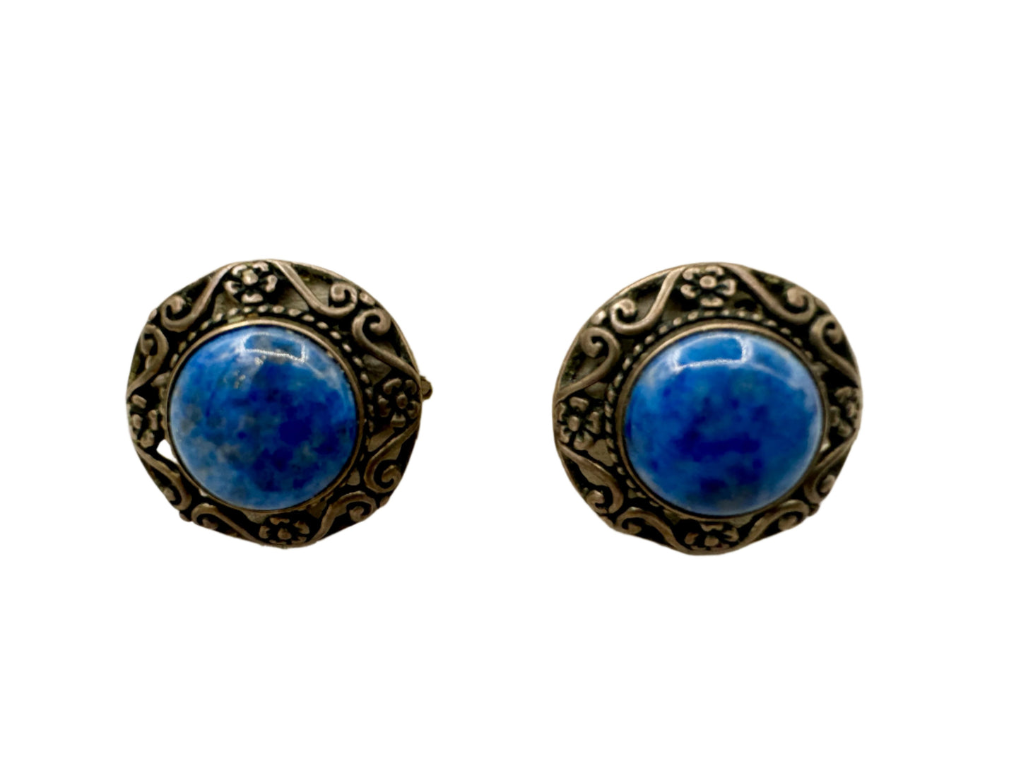 Lapis & Sterling Round Clip Earrings 1980s