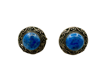 Lapis & Sterling Round Clip Earrings 1980s