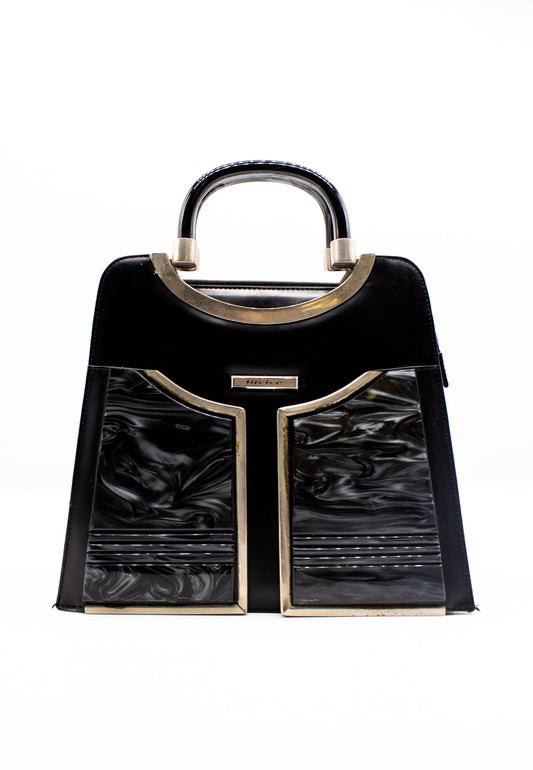 Lifeier, Black Handbag w/ Acrylic Handles & secret Mirrors 1960s