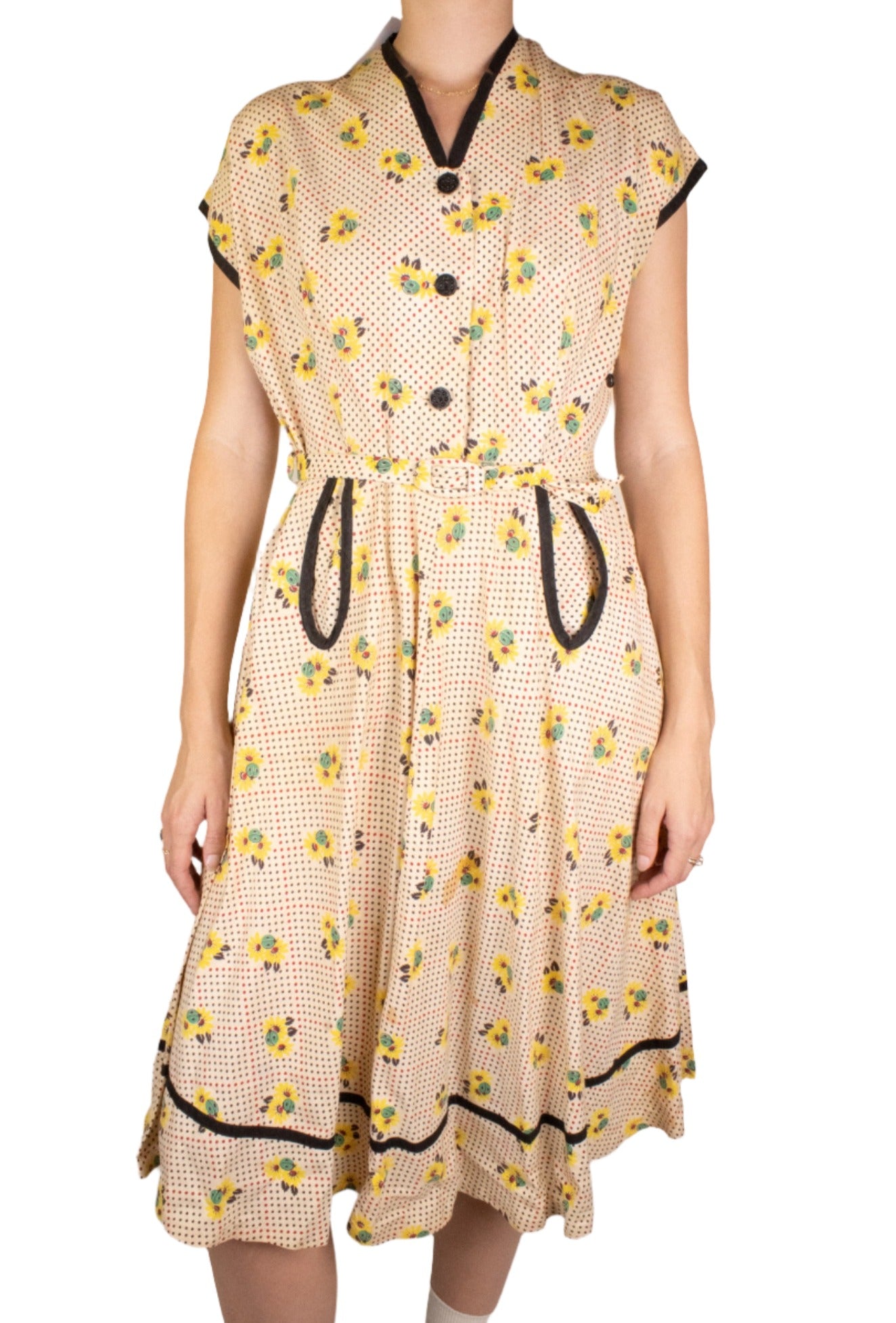 Cream Fit & Flare Dress Novelty Print 1950s