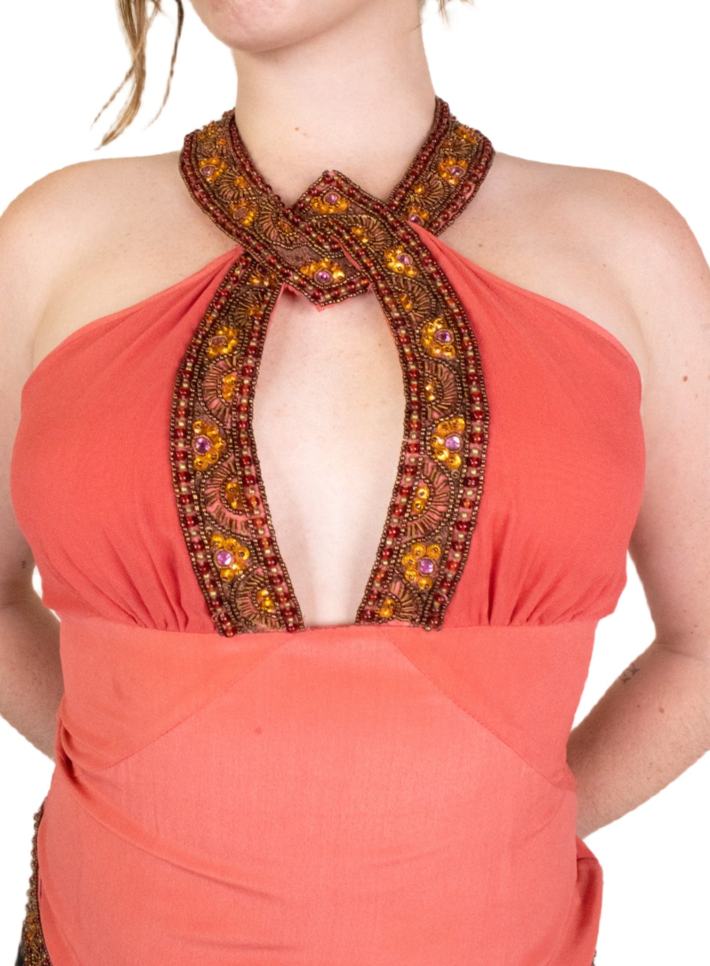 Nikka Coral Silk Beaded Halter Y2K