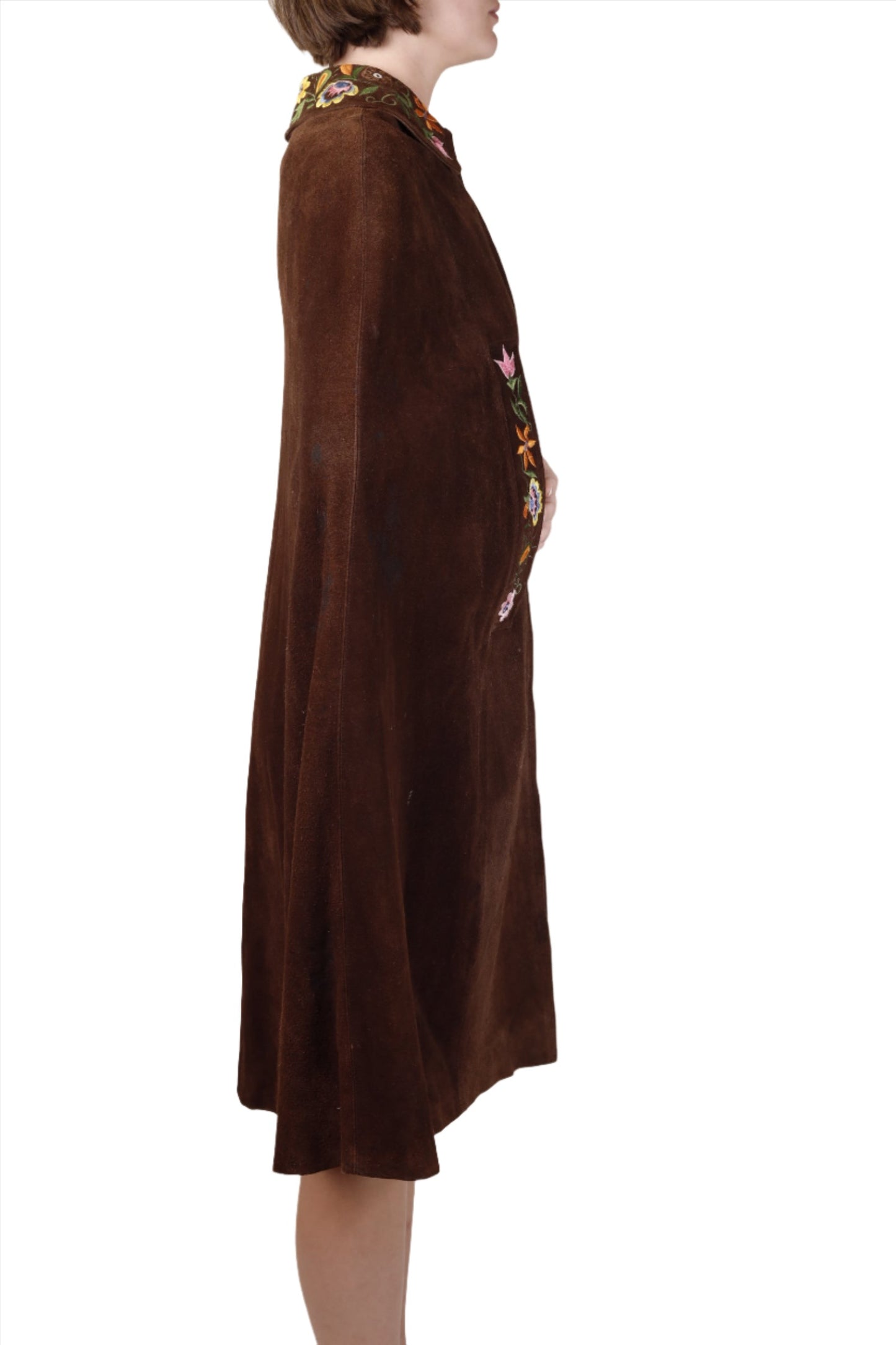 Brown Suede Floral Embroidered Hippie Poncho Cape 1960s