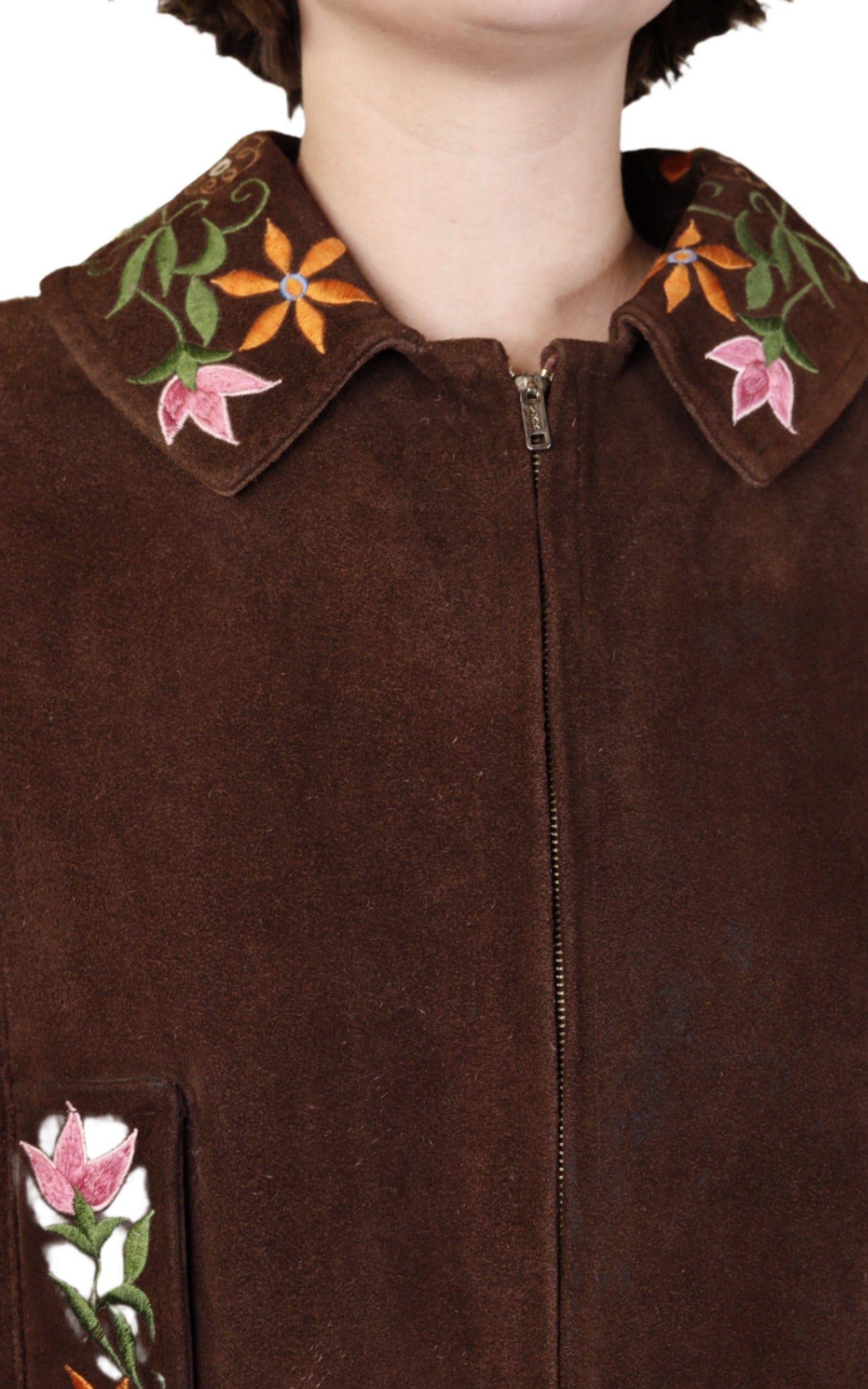 Brown Suede Floral Embroidered Hippie Poncho Cape 1960s