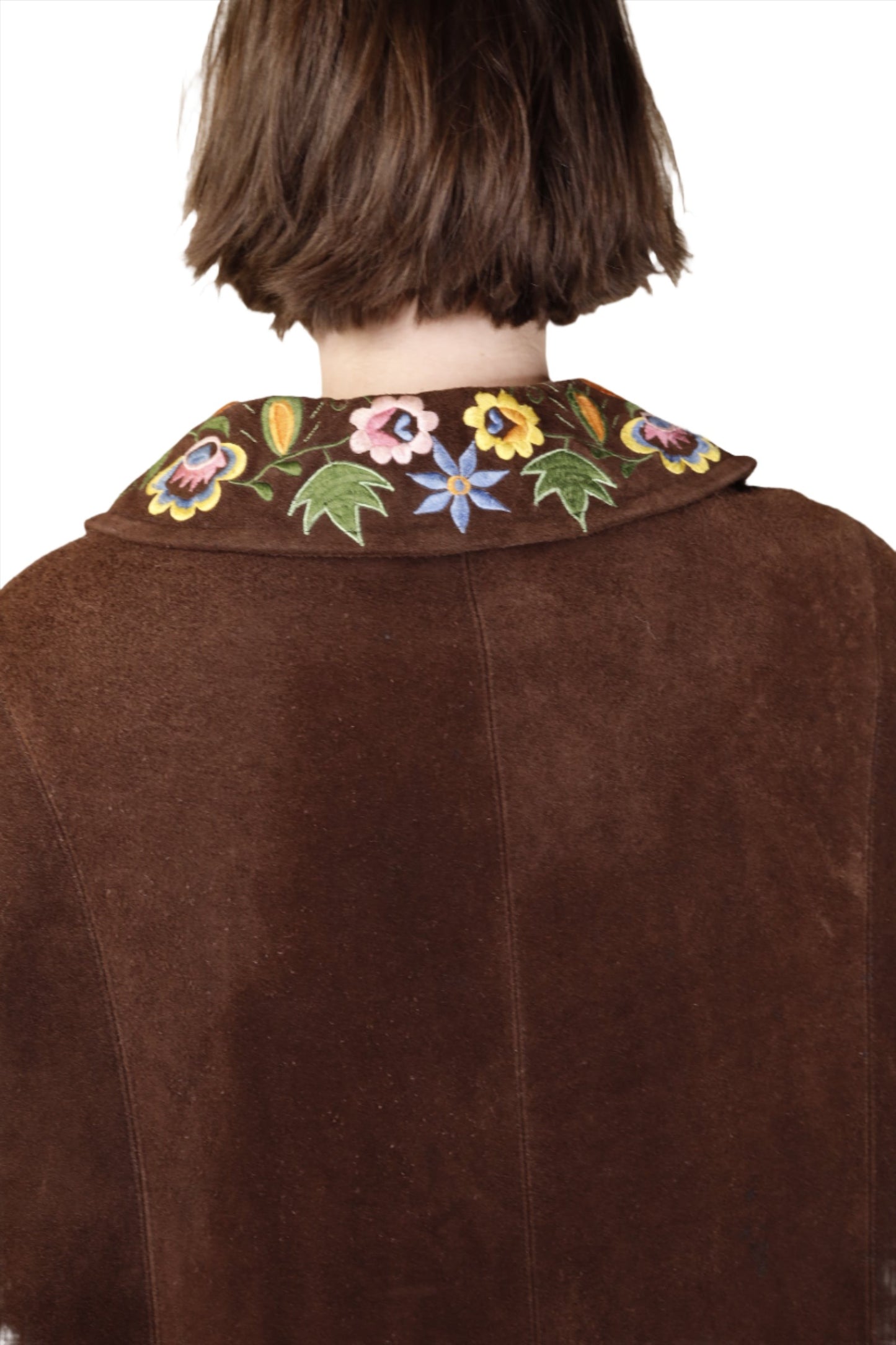 Brown Suede Floral Embroidered Hippie Poncho Cape 1960s