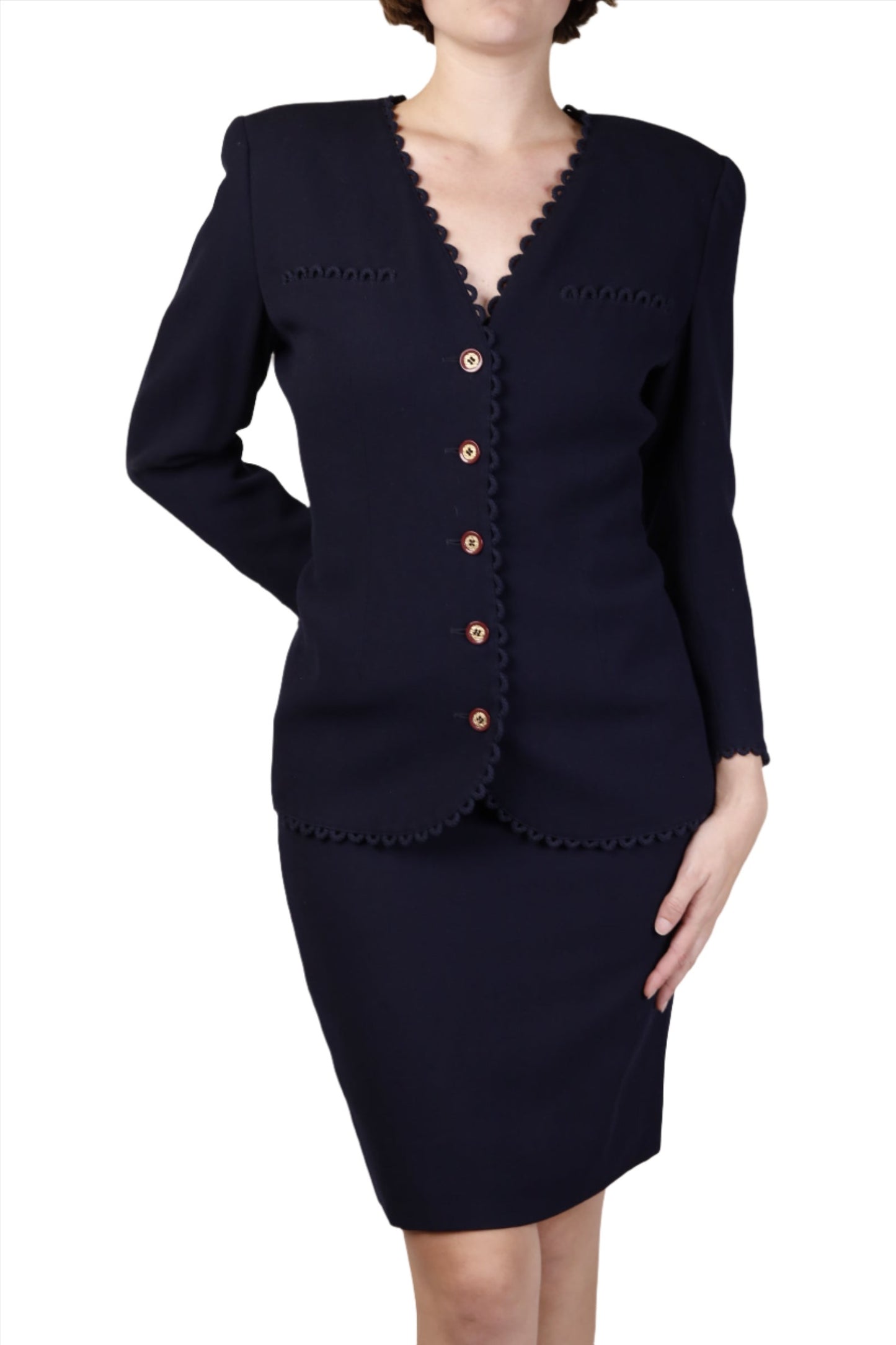 Valentino, Miss V, Navy Blue Blazer Skirt Suit 1990s