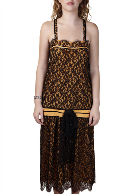 Jolanta NY, Peach & Black Silk & Lace Flapper Dress 1980s