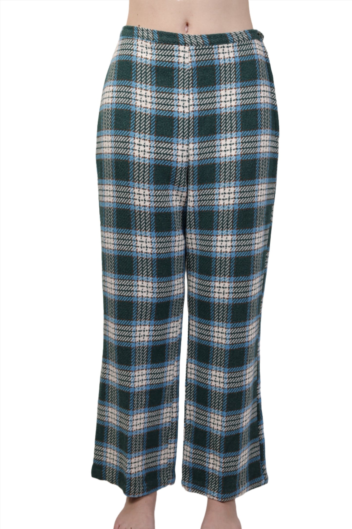 Green & Blue Plaid Wool Flare Cropped Pants 1960s