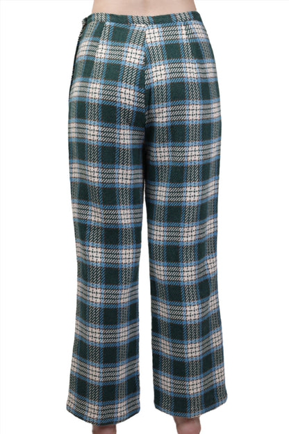 Green & Blue Plaid Wool Flare Cropped Pants 1960s